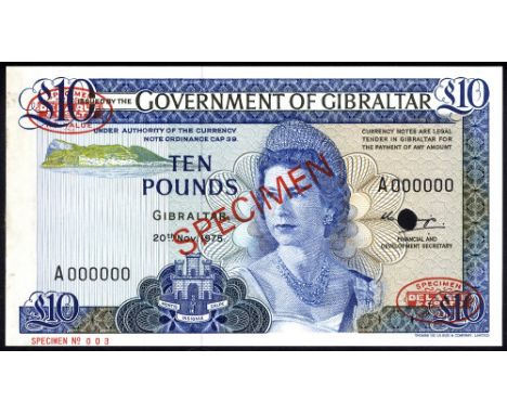 Gibraltar, P 22as, Linzmayer B120as, Government of Gibraltar, 10 Pounds, 20 November 1975, SPECIMEN. Rock of Gibraltar at upp