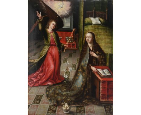 Possibly Spanish School. First half of the 16th century."The Annunciation"Oil on panel 41 x 31 cm.This very valuable and unus