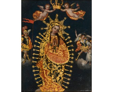 Attributed to Gaspar Miguel de Berrío (Potosí, c. 1706- c.1762)  "The Coronation of the Virgin Mary with two Archangels" Oil 