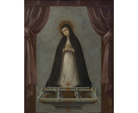 Nicolás Enríquez (Mexico, 1704 - 1790) "True Portrait of Our Lady of Solitude of the Victoria of Madrid" Oil on copper. Signe