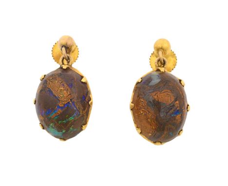 A Pair of Opal Earringsthe oval cabochon boulder opals in yellow claw settings, surmounted by a plain polished bead, with scr