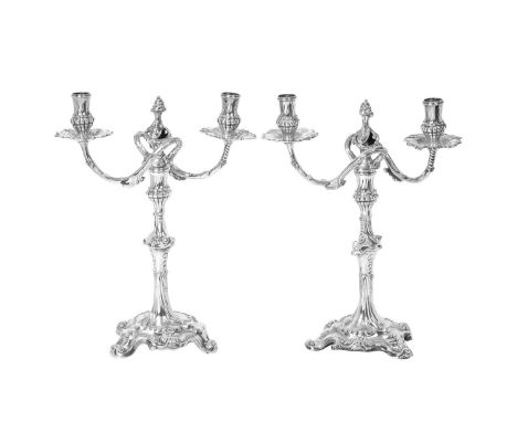 Two George III Silver Two-Light Candleabra,  One Base by Ebenezer Coker, London, 1760, The Other Base by Louis Black, London,