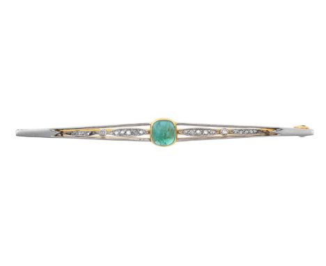 An Emerald and Diamond Broochthe sugarloaf cabochon emerald in a yellow rubbed over setting, to a white tapered bar decorated