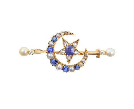 A Victorian Sapphire, Diamond and Pearl Star and Crescent Broochthe crescent comprised of graduated cushion cut sapphires, sp