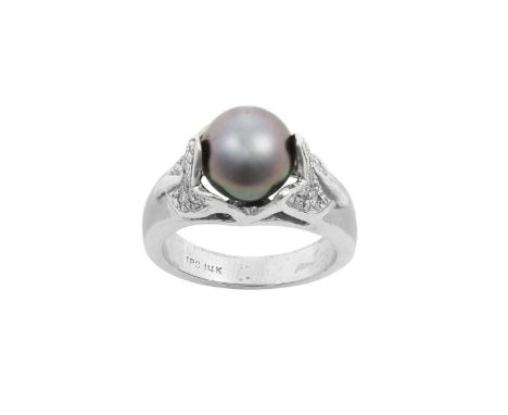 A Grey Cultured Pearl and Diamond Ringthe grey cultured pearl in a fluted shoulder mount, pavé set throughout with eight-cut 