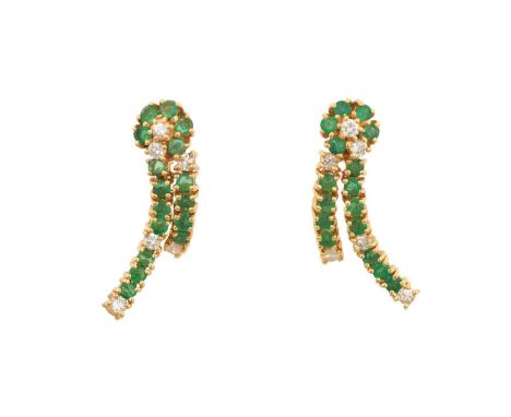 A Pair of Emerald and Diamond Drop Earringsa cluster suspends two tassel drops, set throughout with round brilliant cut diamo