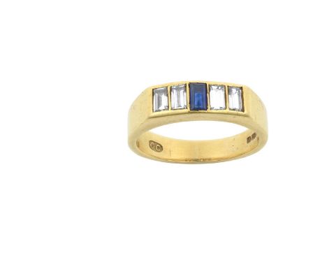 An 18 Carat Gold Sapphire and Diamond Five Stone Ringthe central baguette cut sapphire flanked by pairs of baguette cut diamo