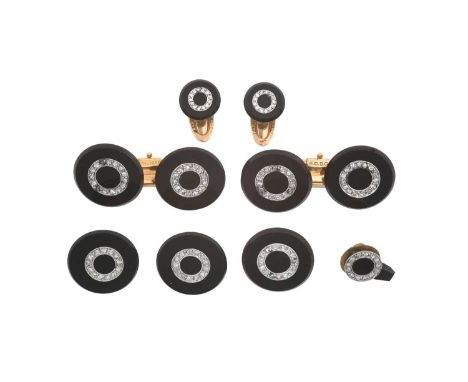 A Diamond and Onyx Cufflink, Button and Dress Stud Suitecomprising of four buttons, two studs and a pair of chain linked cuff