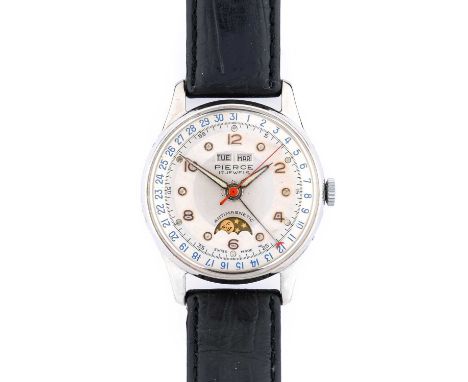 Pierce: A Chrome Plated Triple Calendar Moonphase Wristwatch, signed Pierce, circa 1955, manual wound lever movement signed, 
