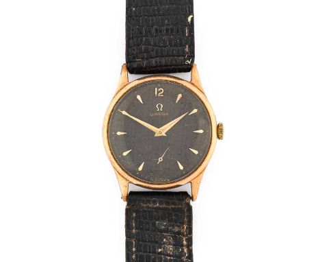 Omega: A 9 Carat Gold Hobnail Finished Black Dial Wristwatch, signed Omega, 1954, (calibre 266) manual wound lever movement s