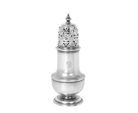A George II Silver Caster,  by Thomas Bamford, London, 1734 baluster and on spreading foot, the pull-off cover pierced with f