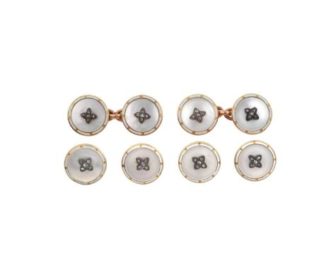 An Early 20th Century Mother-of-Pearl, Diamond and Enamel Button and Cufflink Suitecomprising of four buttons and a pair of c