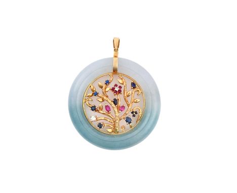 A Ruby, Sapphire, Diamond and Jade Pendantthe circular jade frame with a yellow foliate scene centrally, decorated throughout
