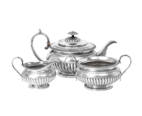 A Three-Piece George IV Silver Tea-Service,  by Joseph Angell, London, 1821 each piece compressed cylindrical and on spreadin