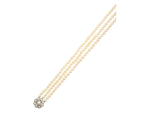 A Triple Row Cultured Pearl Necklace, with A Diamond and Cultured Pearl Cluster Clasp the 53:54:57 cultured pearls knotted to