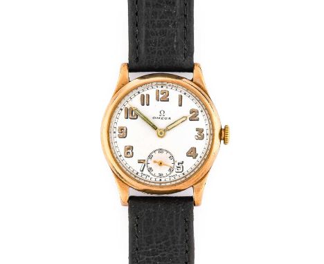 Omega: A 9 Carat Gold Enamel Dial Wristwatch, signed Omega, 1940, manual wound lever movement signed and numbered 9101796, en