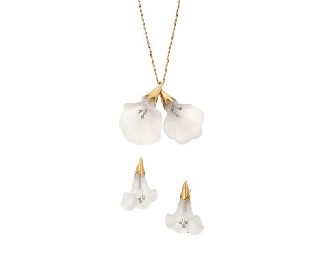 A Rock Crystal and Diamond Pendant and Earring Suiterealistically modelled as flowers, the carved rock crystal petals in yell