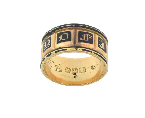 An 18 Carat Gold Enamel Mourning Ringthe yellow broad band enamelled in black to read IN MEMORY OF, engraved to the inside Ad