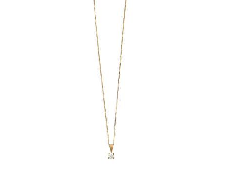 A 9 Carat Gold Diamond Solitaire Pendant on Chain the round brilliant cut diamond in a yellow claw setting, suspended by a pl