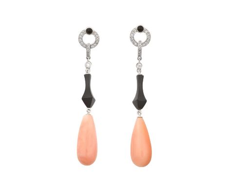 A Pair of Art Deco Style Coral, Onyx and Diamond Drop Earringsthe disc set throughout with eight-cut diamonds and a single ro