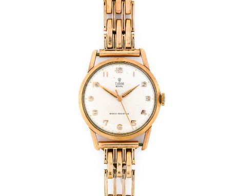 Tudor: A 9 Carat Gold Centre Seconds Wristwatch, signed Tudor, Royal, Shock-Resisting, 1960, manual wound lever movement sign