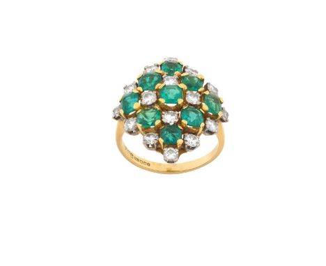 A 14 Carat Gold Emerald and Diamond Cluster Ringthe kite motif comprising of emerald-cut emeralds in yellow claw settings alt