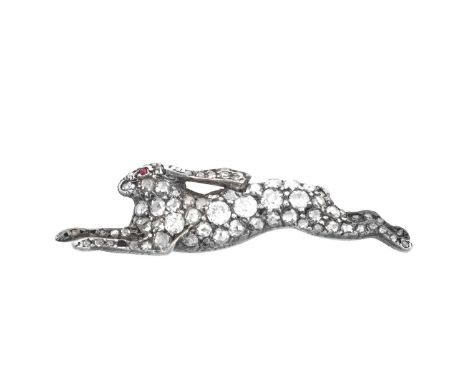 A Victorian Diamond Hare Broochthe running hare set throughout with old cut and rose cut diamonds, and a round cabochon ruby 