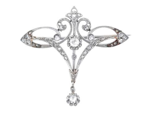 An Early 20th Century Diamond Broochof openwork scroll form, set throughout with old cut and rose cut diamonds, suspending a 