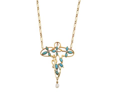 A French Art Nouveau Turquoise, Pearl and Diamond Necklacein the form of a yellow openwork stylised cross, with a trio of flo