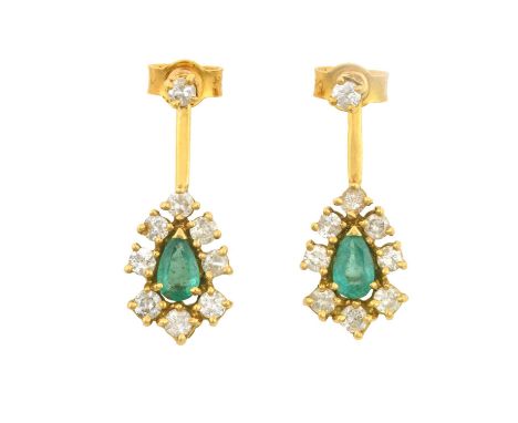 A Pair of 18 Carat Gold Emerald and Diamond Drop Earringsthe pear cut emerald within a border of round brilliant cut diamonds