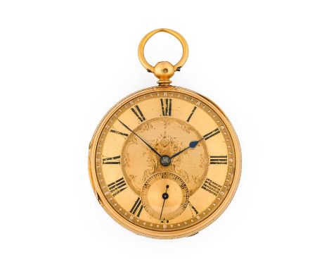 An 18 Carat Gold Open Faced Pocket Watch, 1872, single chain fusee lever movement, gold coloured dial with Roman numerals, se