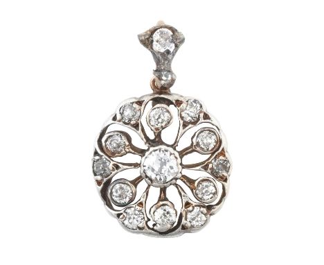 A Diamond Pendantthe central old cut diamond to a circular openwork frame set throughout with old cut diamonds, in white claw