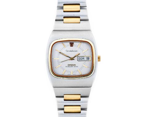 Omega: A Steel and Gold Electronic Mega Quartz Day/Date Centre Seconds Wristwatch, signed Omega, Mega Quartz 32 KHz, model: C