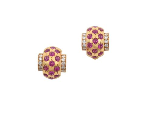 A Pair of Ruby and Diamond Cuff Earringsthree rows of round cut rubies in yellow star settings, flanked by rows of round bril