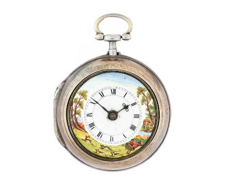 Porter: A Silver Pair Cased Verge Pocket Watch with an Enamel Dial Painted Hunting Scene, signed Wm Porter, Burton, 1777, sin