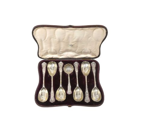 A Cased Set of Six Victorian Parcel-Gilt Silver Berry-Spoons and a Sifting Spoon,  by Henry John Lias and James Wakely, Londo