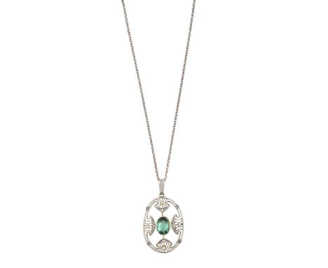 A Green Tourmaline and Diamond Pendant on Chainthe oval cut green tourmaline to an oval openwork frame with scroll seed pearl