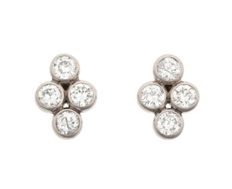 A Pair of Diamond Cluster Earringsfour round brilliant cut diamonds in white rubbed over settings, total estimated diamond we