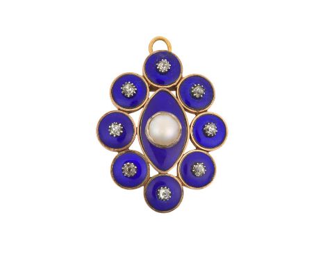A Mid-Victorian Enamel, Split Pearl and Diamond Brooch/Pendantthe blue enamel lozenge shaped plaque with a split pearl centra