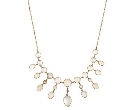 An Early 20th Century Moonstone and Synthetic Ruby Necklaceeleven round cabochon moonstones suspend round and oval cabochon m