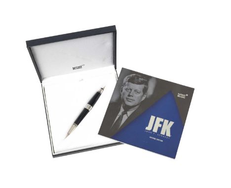 A Montblanc John F. Kennedy Rollerball-Pen,  The Clip Numbered MBFF618Q5 the black resin body with white metal mounts, the cl