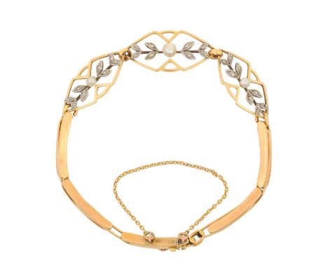 An Edwardian Pearl and Diamond Braceletthree yellow openwork lozenge panels with a pearl centrally and flanked by pairs of ro
