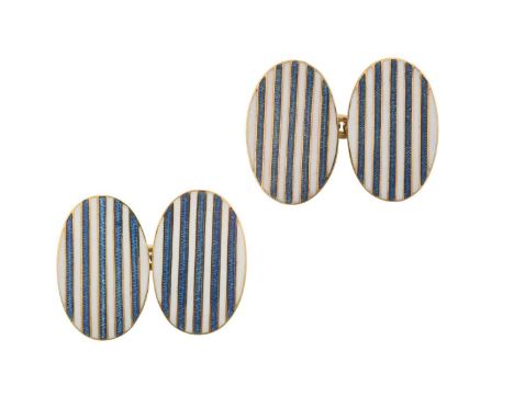 A Pair of Enamel Cufflinksthe yellow oval chain linked plaques enamelled in blue and white stripes, case labelled John Hall &