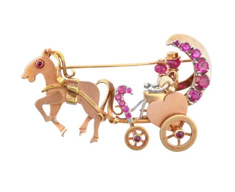 A Synthetic Ruby Novelty Broochrealistically modelled as a yellow horse and carriage driven by two figures, with round cut sy