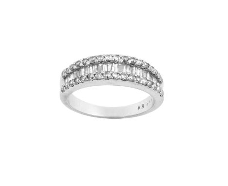 A Diamond Half Hoop Ringa row of tapered baguette cut diamonds within two rows of round brilliant cut diamonds, in white chan