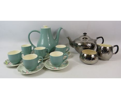 Art Myott Mandaly coffee set and a Royal Winton teapot, sugar bowl and jug in a hammered silver effect.