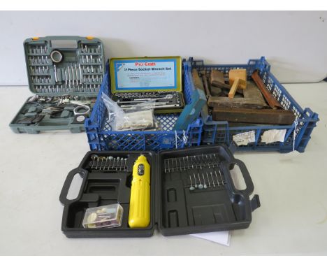 Various Boxed tools to include socket set, Screwdrivers set. Small high speed dremel style drill plus a selection of Woodwork