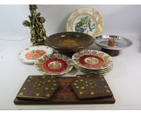 Mixed lot to include a cherub table lamp, Limoge loving plates, extending wooden book shelf etc.