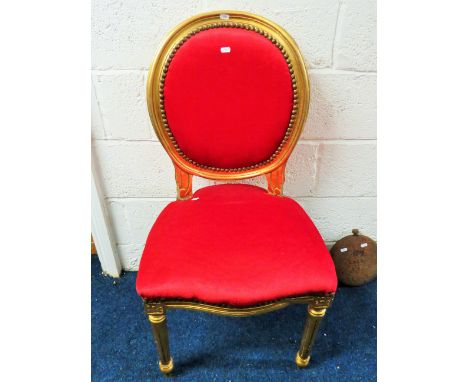 Reproduction French Louis XVI Style Chair, upholstered in vivid Scarlet fabric. Gold leaf effect finish to the carved woodwor