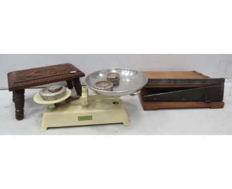 Vintage wooden guillotine, set of Harper scales and a small wooden stool.